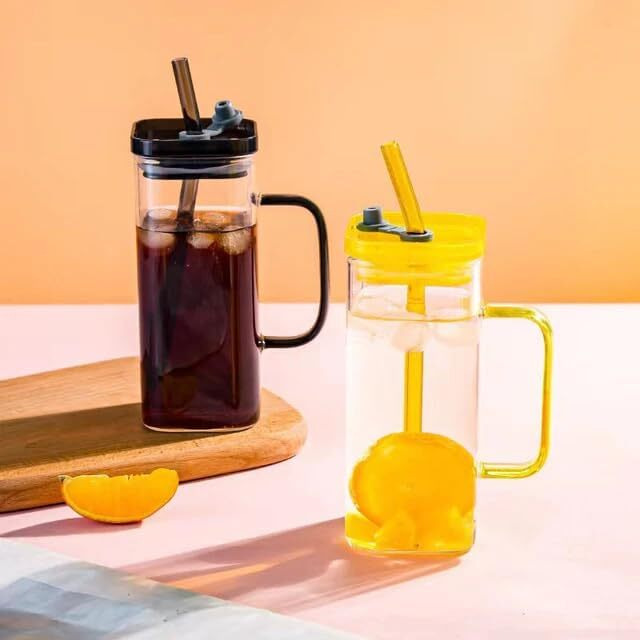 Kikiluxxa Glass Green Tea Coffee Sipper Tumbler Mug With Lid Bear Drinking Pack Of 1 - Can Shaped Milk Fruit Juice Wine Water Cups With Clear Straw 400Ml Beer Cup