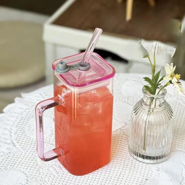 Kikiluxxa Glass Green Tea Coffee Sipper Tumbler Mug With Lid Bear Drinking Pack Of 1 - Can Shaped Milk Fruit Juice Wine Water Cups With Clear Straw 400Ml Beer Cup