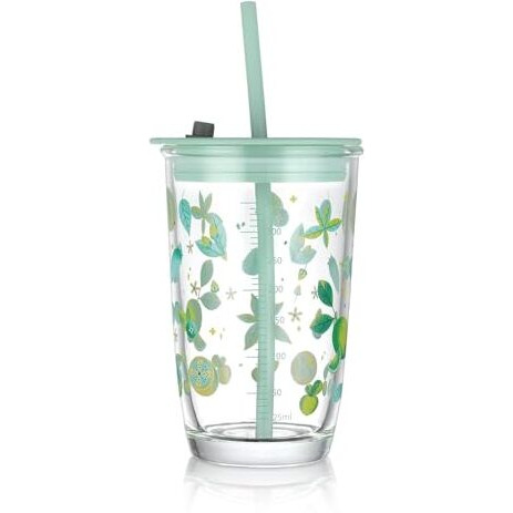 Kikiluxxa Glass Sipper With Lid And Straw Tumbler With Straw, 400 Ml-Set Of 1 - Floral Print, Fruit Juice Milk Glass Cup With Straw - Green-Yellow-Pink (Pizaatx 1)