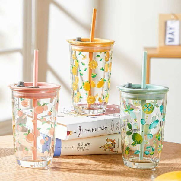 Kikiluxxa Glass Sipper With Lid And Straw Tumbler With Straw, 400 Ml-Set Of 1 - Floral Print, Fruit Juice Milk Glass Cup With Straw - Green-Yellow-Pink (Pizaatx 1)