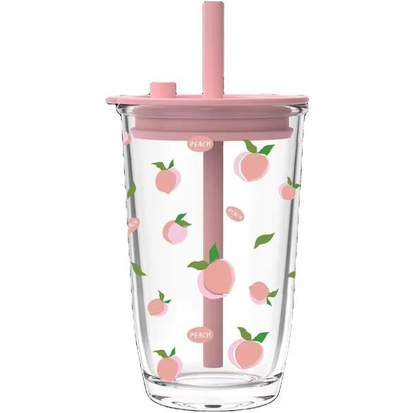 Kikiluxxa Glass Sipper With Lid And Straw Tumbler With Straw, 400 Ml-Set Of 1 - Floral Print, Fruit Juice Milk Glass Cup With Straw - Green-Yellow-Pink (Pizaatx 1)