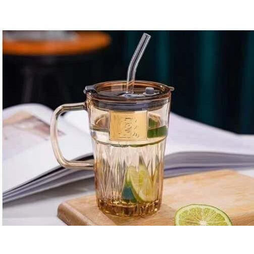 Kikiluxxa Glass Travel Tea And Coffee Fruit Juice Milk Sipper Tumbler Mug With Straw And Lid -Pack Of 1-400Ml [ Multiclour Items ] (Corian Ht 1)