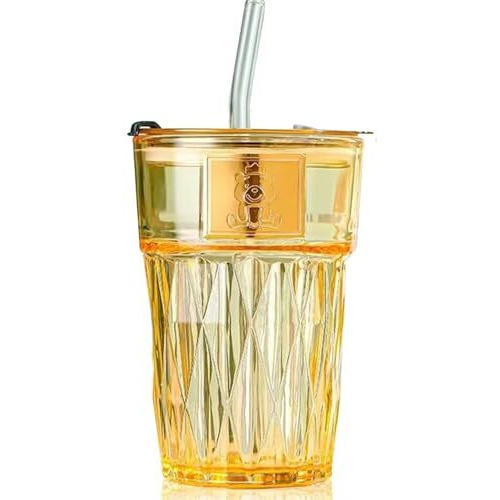 Kikiluxxa Glass Travel Tea And Coffee Fruit Juice Milk Sipper Tumbler Mug With Straw And Lid -Pack Of 1-400Ml (Corian T 1)