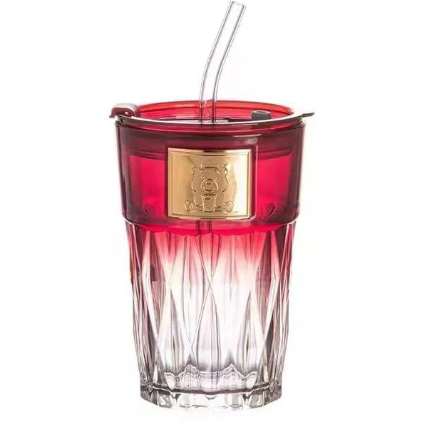 Kikiluxxa Glass Travel Tea And Coffee Fruit Juice Milk Sipper Tumbler Mug With Straw And Lid -Pack Of 1-400Ml (Corian T 1)
