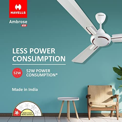 Havells 1200Mm Ambrose Es Ceiling Fan|Premium Finish,Deco. Fan,Elegant Looks,High Air Delivery,Energy Saving,100% Pure Copper Motor|2 Year Warranty By Brand|(4 Stars,Pack Of 2,Pearl White Wood)