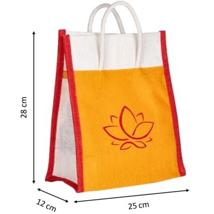 Soman Jute Ecofriendly Return Gift Bags Lotus Printed Yellow Red Combo With Velcro Pack Of 10 Bags