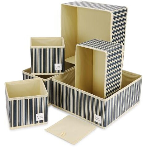 House Of Quirk Foldable Cloth Storage Box Closet Dresser Drawer Organizer Cube Basket Bins Containers Divider With Drawers For Underwear, Bras, Socks, Ties, Scarves, Set Of 6 (Blue/Yellow Stripe)