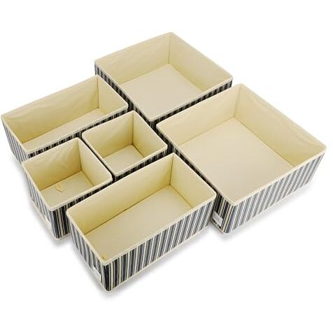 House Of Quirk Foldable Cloth Storage Box Closet Dresser Drawer Organizer Cube Basket Bins Containers Divider With Drawers For Underwear, Bras, Socks, Ties, Scarves, Set Of 6 (Blue/Yellow Stripe)