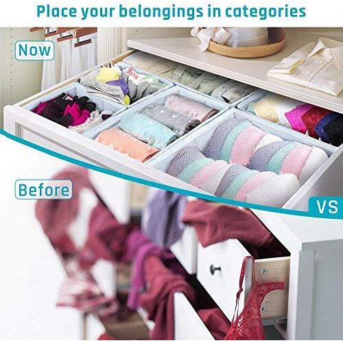 House Of Quirk Foldable Cloth Storage Box Closet Dresser Drawer Organizer Cube Basket Bins Containers Divider With Drawers For Underwear, Bras, Socks, Ties, Scarves, Set Of 6 (Blue/Yellow Stripe)
