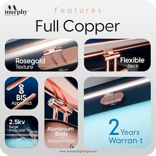 Murphy 12W 3-In-1 Color Changing Full Copper Finish Led Mirror Picture Wall Light,Bathroom Vanity Led Mirror Light With 2 Year Warranty (Cool White/Warm White/Natural White)-Pack Of 3