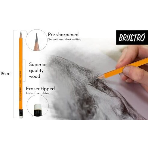 Brustro 2 Hb Extra Dark Pencil With Eraser Tip 12 Pencils X 2 Pack (Total 24 Pencils) Eco Pvc Dust-Free Eraser (Pack Of 2)