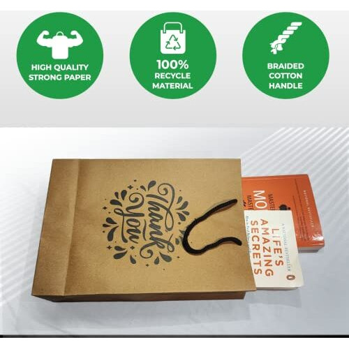 Suffix Retail  (Pack Of 100) Brown Paper Thank You Gift Bags With Braided Cotton Handles (12X8.7X3 Inches)