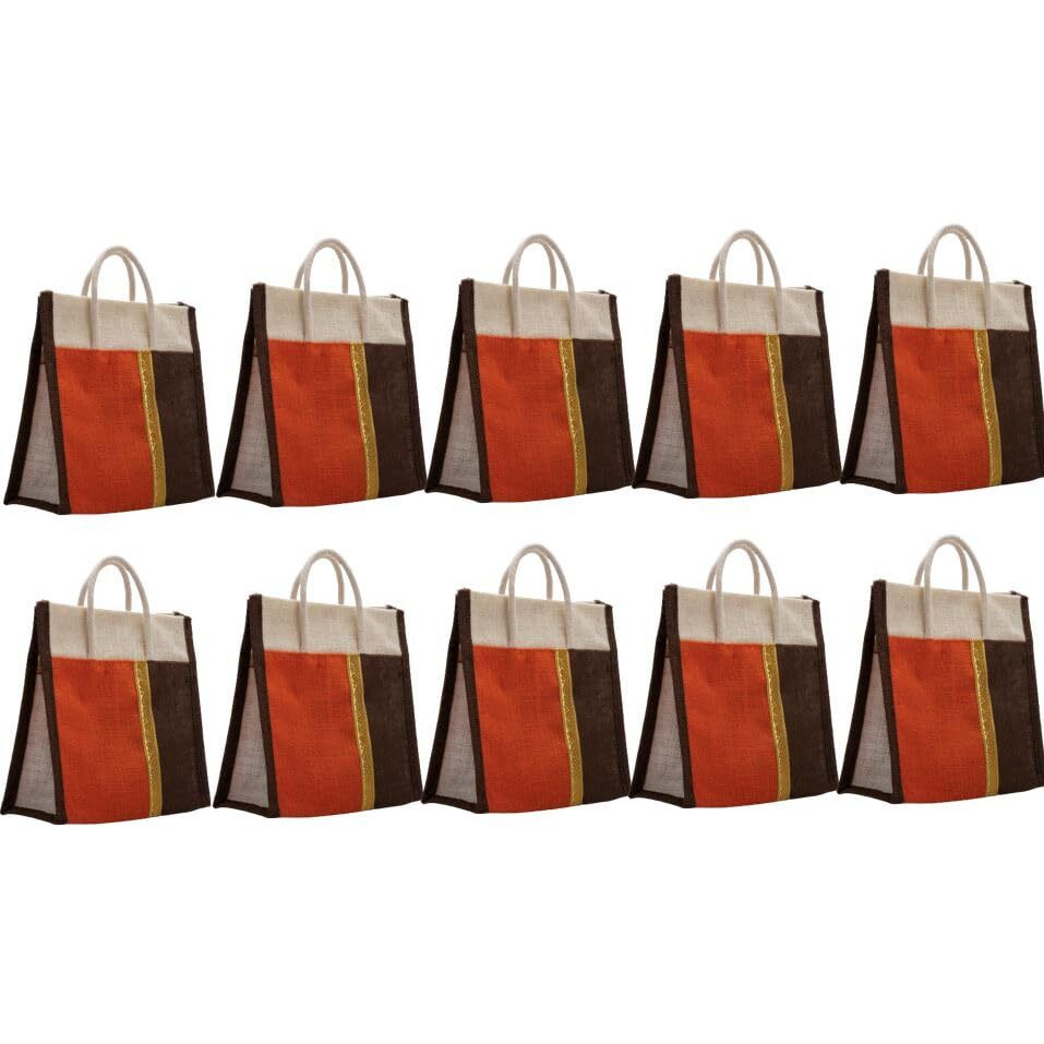 Soman Jute Thamboolam Bags For Return Gifts Brown And Orange Combo - Pack Of 10 Bags