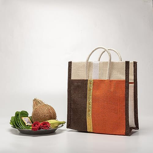 Soman Jute Thamboolam Bags For Return Gifts Brown And Orange Combo - Pack Of 10 Bags