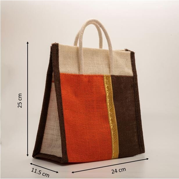 Soman Jute Thamboolam Bags For Return Gifts Brown And Orange Combo - Pack Of 10 Bags