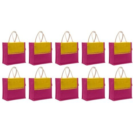 Soman Jute Ecofriendly Return Gift Bags With Zip Lemon Yellow Pink Combo Pack Of 10 Bags
