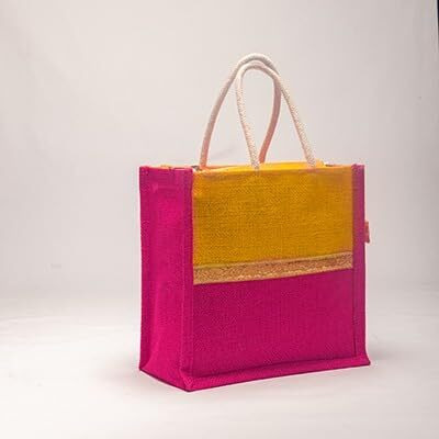 Soman Jute Ecofriendly Return Gift Bags With Zip Lemon Yellow Pink Combo Pack Of 10 Bags