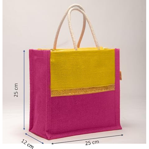 Soman Jute Ecofriendly Return Gift Bags With Zip Lemon Yellow Pink Combo Pack Of 10 Bags
