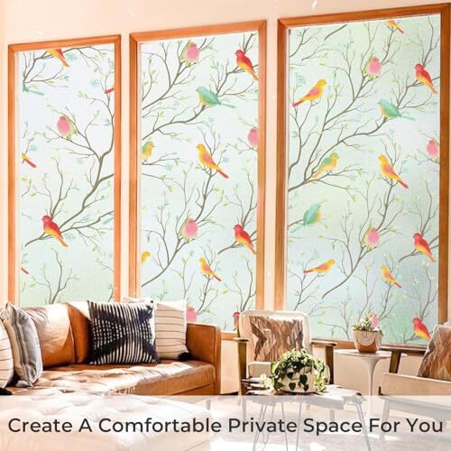 Woohome Privacy Window Film Decorative Window Birds Frosting Film Window Sticker Window Frosted Vinyl Sheets For Front Door/Bathroom/Sidelight/Small Windows (24" X 48")