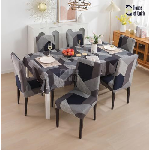 House Of Quirk Polyvinyl Chloride (Pvc) Rectangular Dining Chair Cover With Table Covers For Kitchen Waterproof Dining Table Cloth (Grey Dark Grey Prism, 1 Table Cover + 6 Chair Cover)