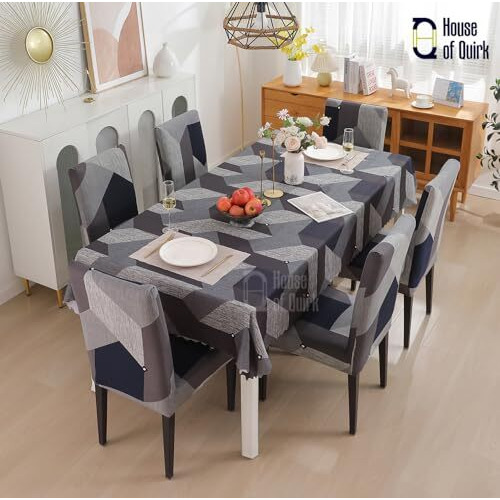 House Of Quirk Polyvinyl Chloride (Pvc) Rectangular Dining Chair Cover With Table Covers For Kitchen Waterproof Dining Table Cloth (Grey Dark Grey Prism, 1 Table Cover + 6 Chair Cover)