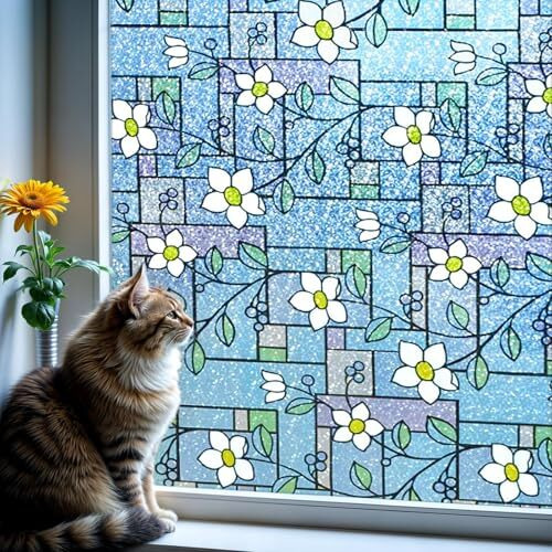 Woohome Privacy Window Film Decorative Window Blue Flowers Frosting Film Window Sticker Window Frosted Vinyl Sheets For Front Door/Bathroom/Sidelight/Small Windows (24" X 48")