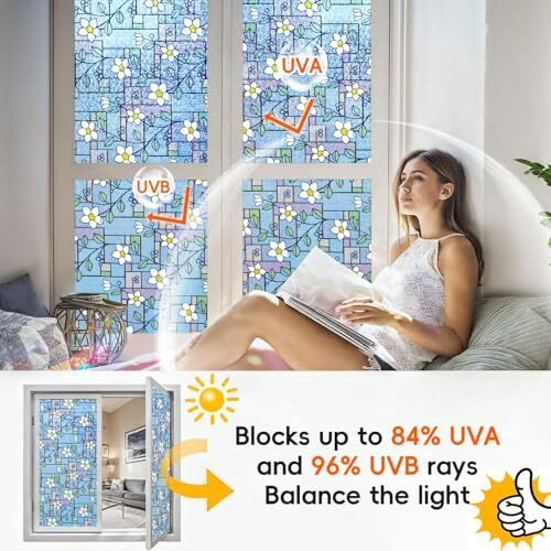 Woohome Privacy Window Film Decorative Window Blue Flowers Frosting Film Window Sticker Window Frosted Vinyl Sheets For Front Door/Bathroom/Sidelight/Small Windows (24" X 48")