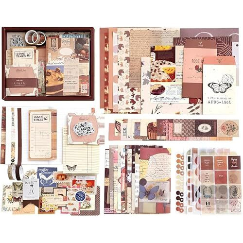 Vibe Vista Vintage Aesthetic Scrapbook Kit, 346 Pcs, A6 Grid Notebook, Washi, Envelopes, Scrapbook Papers, Folding Labels, Background Papers, Photo Frames, Calendar Stickers, Stickers (Vintage)
