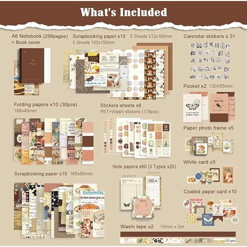 Vibe Vista Vintage Aesthetic Scrapbook Kit, 346 Pcs, A6 Grid Notebook, Washi, Envelopes, Scrapbook Papers, Folding Labels, Background Papers, Photo Frames, Calendar Stickers, Stickers (Vintage)