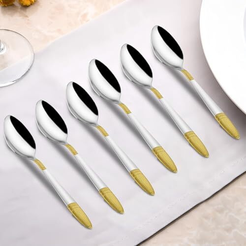 Parage 6 Pieces Stainless Steel 24K Golden Spoons Set, 18 Cm Long, Premium Spoons For Home & Kitchen, Luxury Dining Tableware Gift For House Warming,24 Karat Gold Plated Big Spoons, Ivory Design