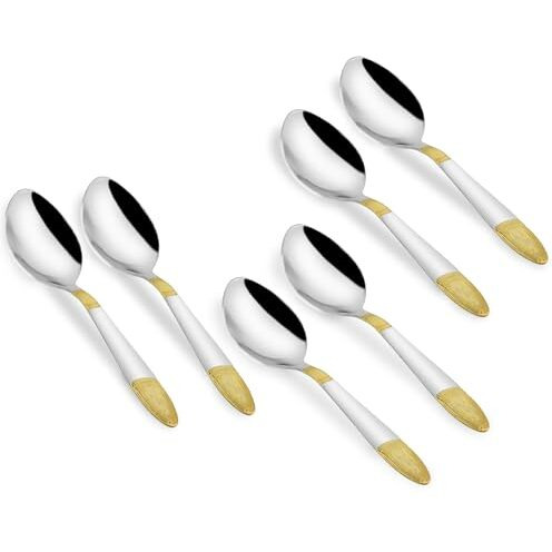 Parage 6 Pieces Stainless Steel 24K Golden Dinner Spoons Set, 16 Cm Premium Spoons For Home & Kitchen, Luxury Dining Tableware Gift For House Warming,24 Karat Gold Plated Cutlery, Ivory Design