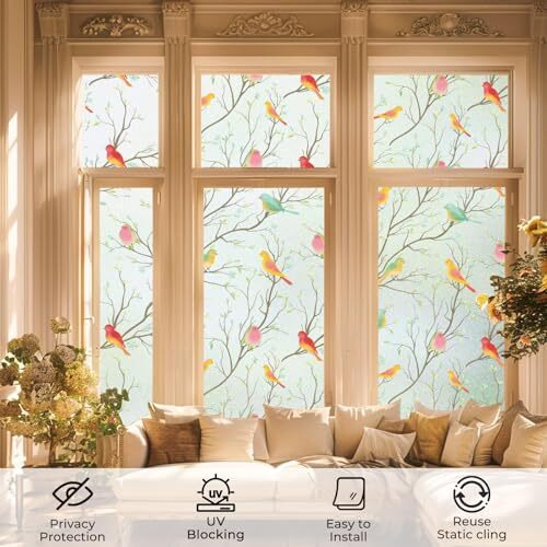 Woohome Privacy Window Film Decorative Window Birds Frosting Film Window Sticker Window Frosted Vinyl Sheets For Front Door/Bathroom/Sidelight/Small Windows (12" X 24")