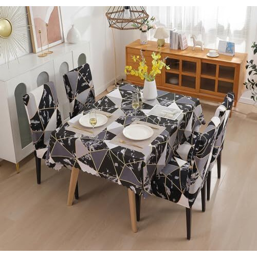 House Of Quirk Dining Chair Cover With Table Covers For Kitchen Waterproof Dining Table Cloth (Black Prism, 1 Table Cover + 6 Chair Cover) Polyvinyl Chloride,Rectangular