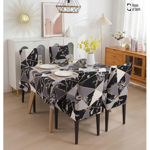 House Of Quirk Dining Chair Cover With Table Covers For Kitchen Waterproof Dining Table Cloth (Black Prism, 1 Table Cover + 6 Chair Cover) Polyvinyl Chloride,Rectangular
