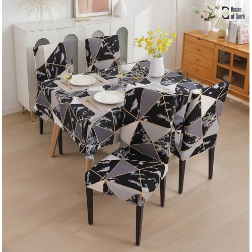 House Of Quirk Dining Chair Cover With Table Covers For Kitchen Waterproof Dining Table Cloth (Black Prism, 1 Table Cover + 6 Chair Cover) Polyvinyl Chloride,Rectangular