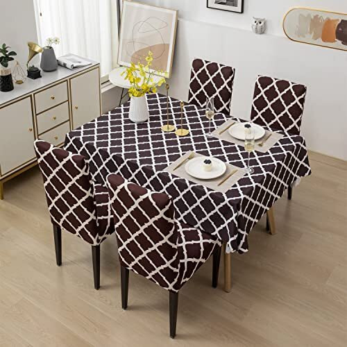 House Of Quirk Polyester Dining Chair Cover With Table Covers For Kitchen Waterproof Dining Table Cloth (Brown Diamond, 1 Table Cover + 4 Chair Cover, Rectangular)