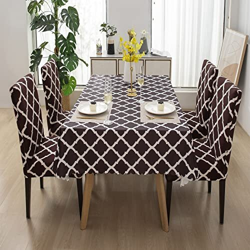 House Of Quirk Polyester Dining Chair Cover With Table Covers For Kitchen Waterproof Dining Table Cloth (Brown Diamond, 1 Table Cover + 4 Chair Cover, Rectangular)