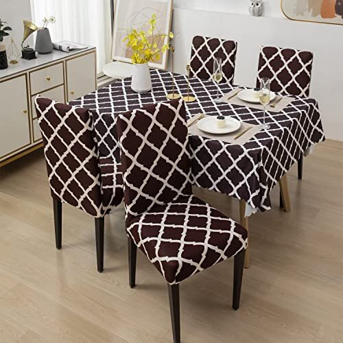 House Of Quirk Polyester Dining Chair Cover With Table Covers For Kitchen Waterproof Dining Table Cloth (Brown Diamond, 1 Table Cover + 4 Chair Cover, Rectangular)