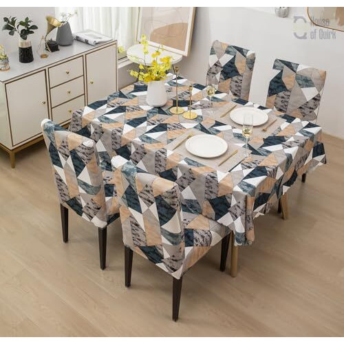 House Of Quirk Polyvinyl Chloride(Pvc)Dining Chair Cover With Rectangular Table Covers For Kitchen Waterproof Dining Table Cloth(Antiqe Prism,1 Rectangular Table Cover+6 Chair Cover),Multicolor