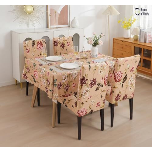 House Of Quirk Dining Chair Cover With Table Covers For Kitchen Waterproof Dining Table Cloth (Dark Beige/Flower Pink/Green, 1 Table Cover + 6 Chair Cover)