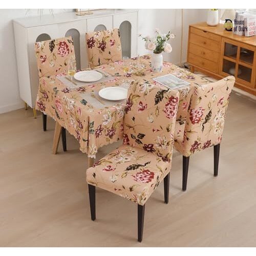 House Of Quirk Dining Chair Cover With Table Covers For Kitchen Waterproof Dining Table Cloth (Dark Beige/Flower Pink/Green, 1 Table Cover + 6 Chair Cover)