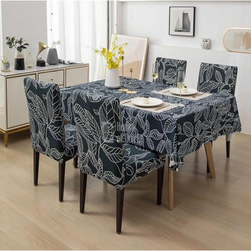 House Of Quirk Dining Chair Cover With Table Covers For Kitchen Waterproof Dining Table Cloth (Blue Ash, 1 Table Cover + 6 Chair Cover) Polyvinyl Chloride,Rectangular