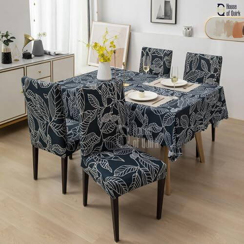 House Of Quirk Dining Chair Cover With Table Covers For Kitchen Waterproof Dining Table Cloth (Blue Ash, 1 Table Cover + 6 Chair Cover) Polyvinyl Chloride,Rectangular