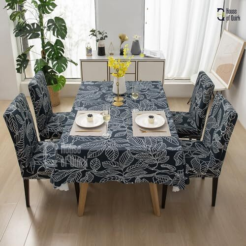 House Of Quirk Dining Chair Cover With Table Covers For Kitchen Waterproof Dining Table Cloth (Blue Ash, 1 Table Cover + 6 Chair Cover) Polyvinyl Chloride,Rectangular