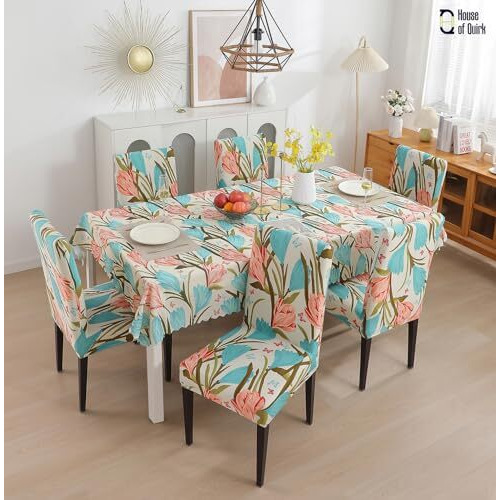 House Of Quirk Dining Chair Cover With Table Covers For Kitchen Waterproof Dining Table Cloth (Poppy, 1 Table Cover + 4 Chair Cover), Multicolor