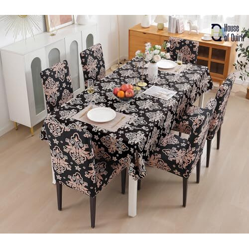 House Of Quirk Dining Chair Cover With Table Covers For Kitchen Waterproof Dining Table Cloth (Cambric Black, 1 Table Cover + 4 Chair Cover)