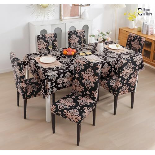 House Of Quirk Dining Chair Cover With Table Covers For Kitchen Waterproof Dining Table Cloth (Cambric Black, 1 Table Cover + 4 Chair Cover)