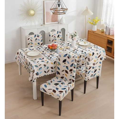 House Of Quirk Dining Chair Cover With Table Covers For Kitchen Waterproof Dining Cloth (White Leaf, 1 Table Cover + 4 Chair Cover)