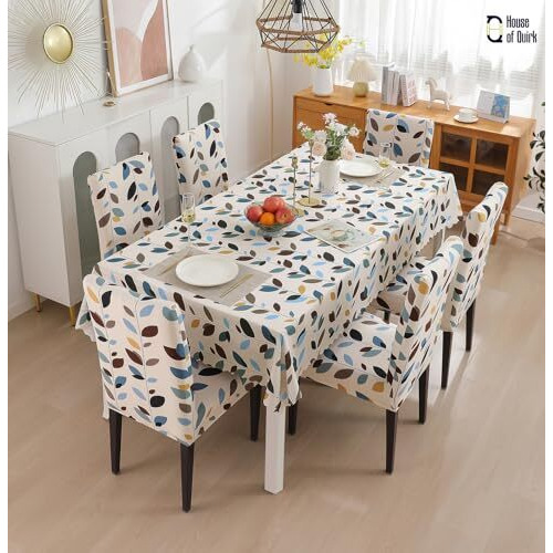 House Of Quirk Dining Chair Cover With Table Covers For Kitchen Waterproof Dining Cloth (White Leaf, 1 Table Cover + 4 Chair Cover)
