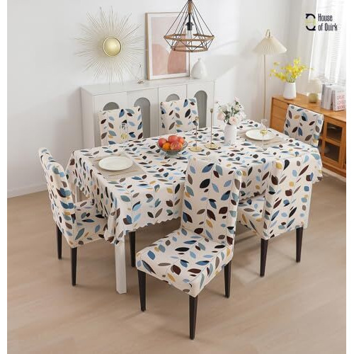 House Of Quirk Dining Chair Cover With Table Covers For Kitchen Waterproof Dining Cloth (White Leaf, 1 Table Cover + 4 Chair Cover)